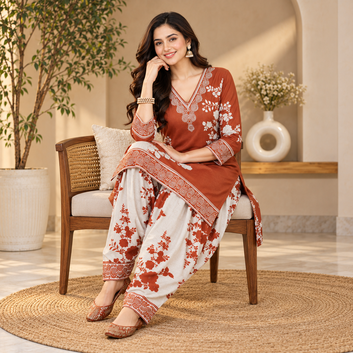 Floral Orange-Cream Woolen Farshi Salwar