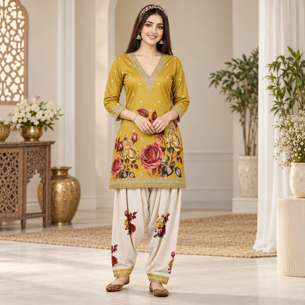 Floral Yellow-Cream Woolen Farshi Salwar