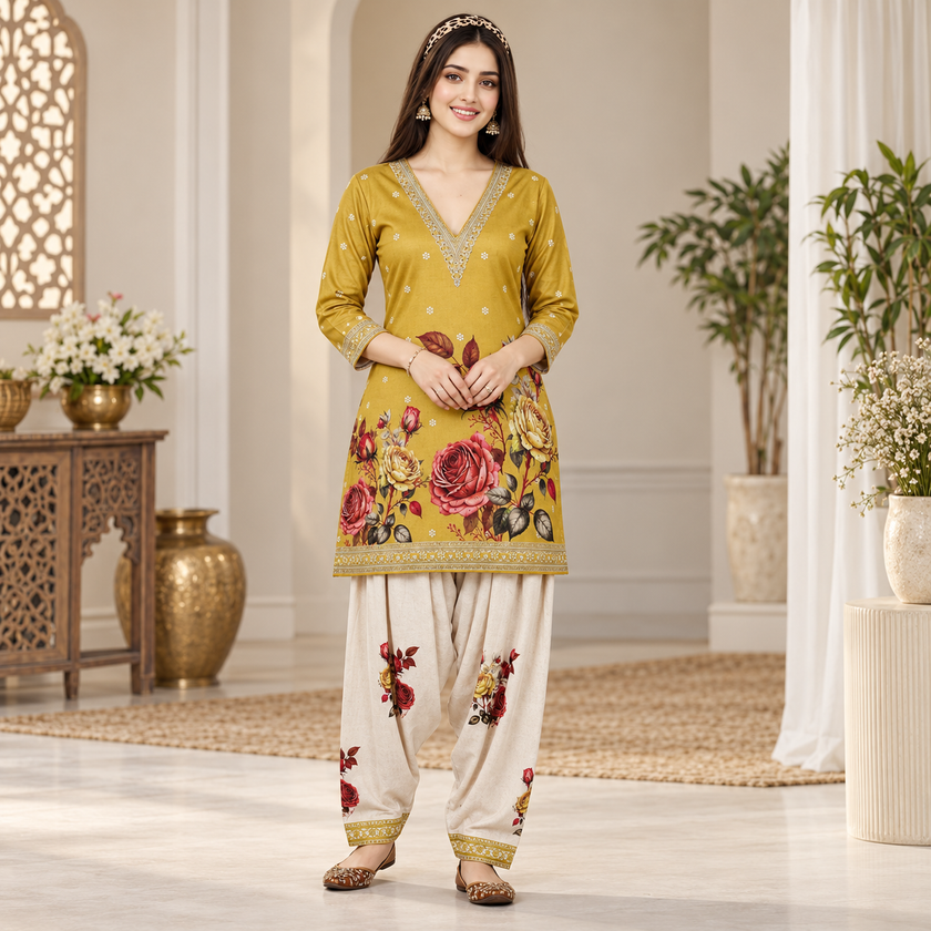 Floral Yellow-Cream Woolen Farshi Salwar