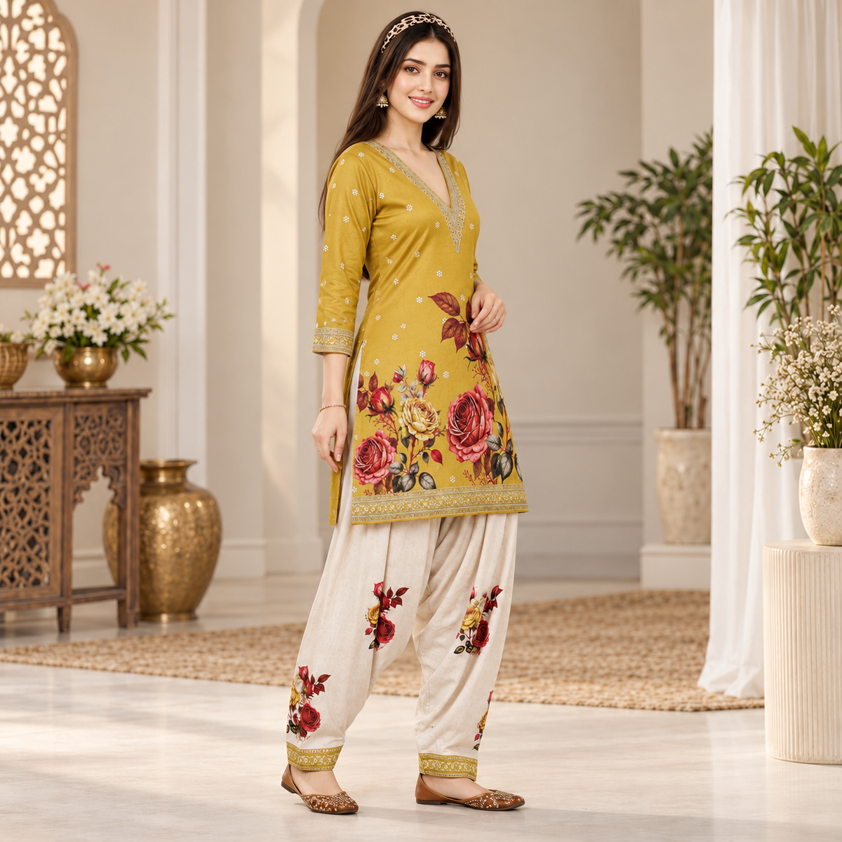 Floral Yellow-Cream Woolen Farshi Salwar