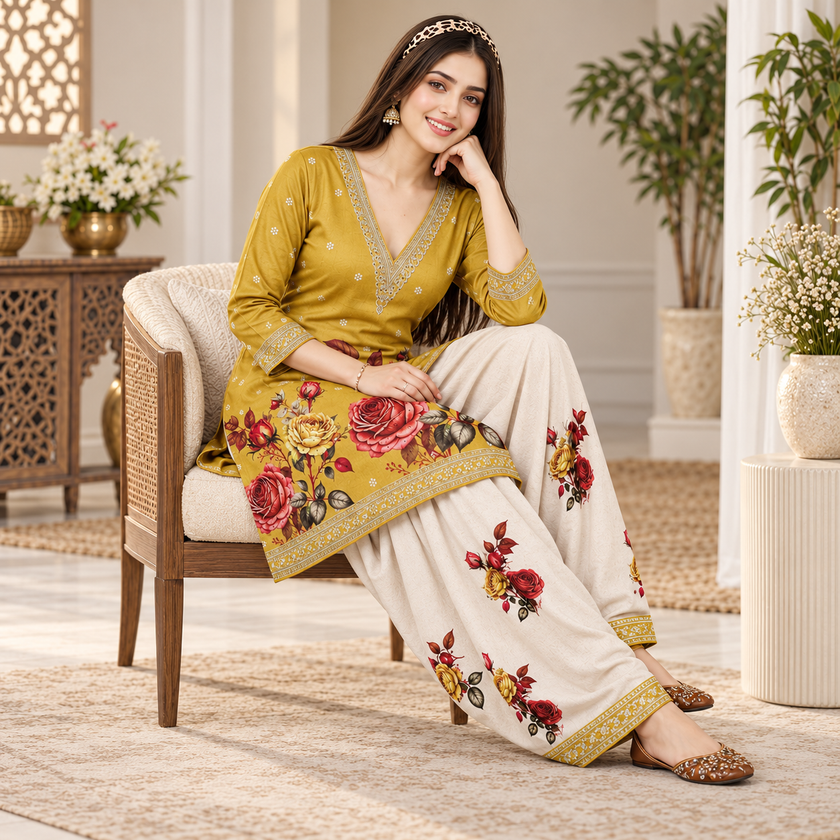 Floral Yellow-Cream Woolen Farshi Salwar