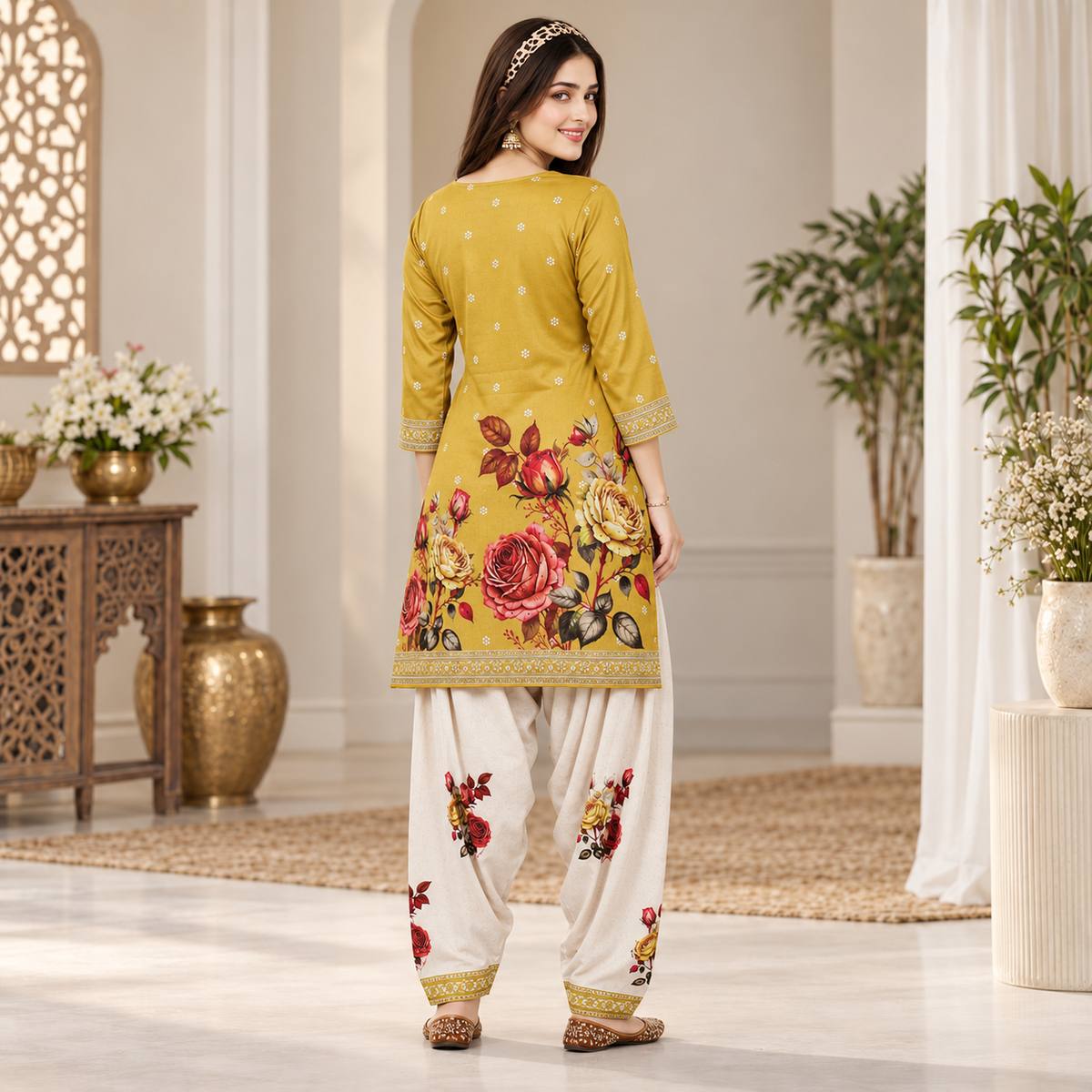 Floral Yellow-Cream Woolen Farshi Salwar
