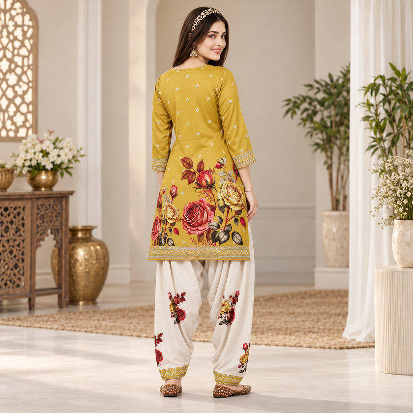 Floral Yellow-Cream Woolen Farshi Salwar