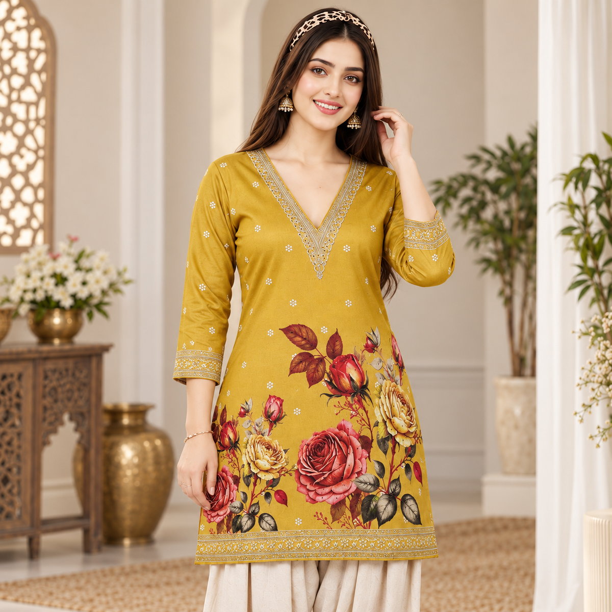 Floral Yellow-Cream Woolen Farshi Salwar