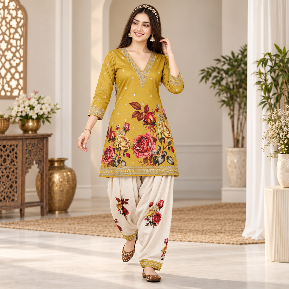 Floral Yellow-Cream Woolen Farshi Salwar