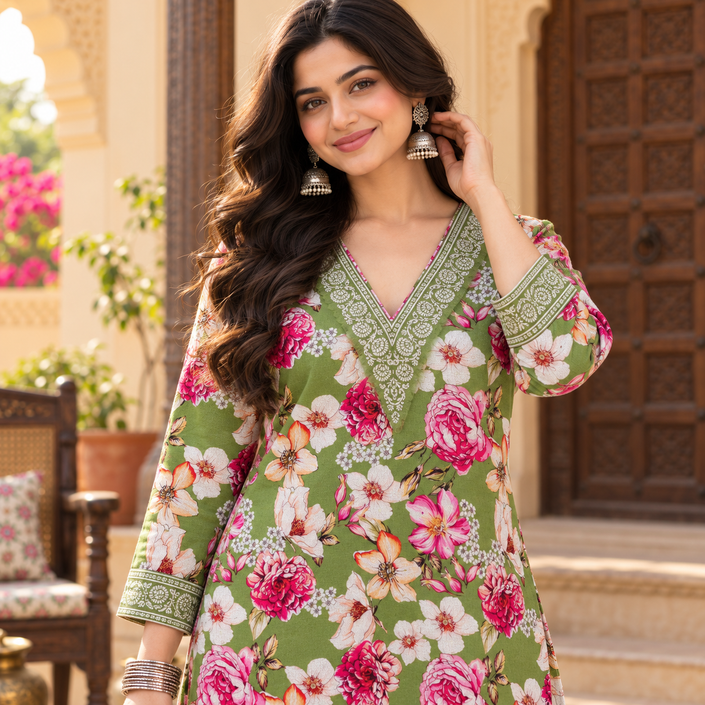Floral Green-Cream Woolen Farshi Salwar