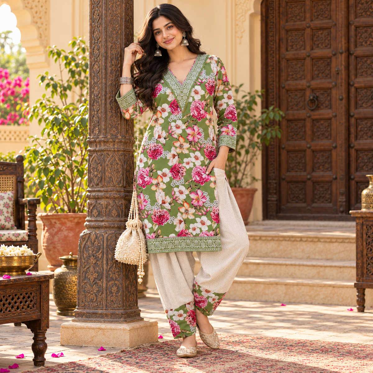 Floral Green-Cream Woolen Farshi Salwar