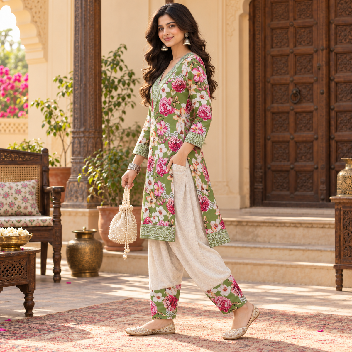 Floral Green-Cream Woolen Farshi Salwar