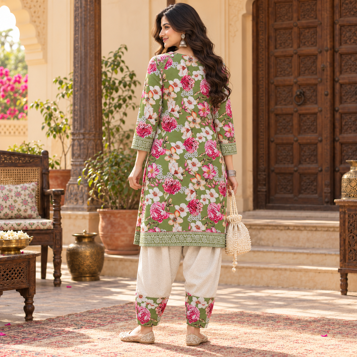 Floral Green-Cream Woolen Farshi Salwar