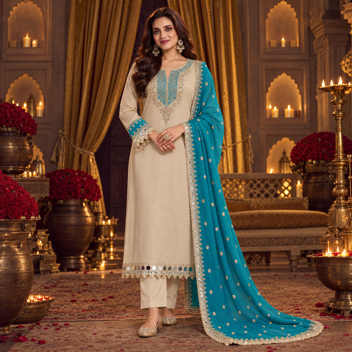 Cream With Blue Silver Embroidery With Contrast Dupatta Suit