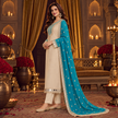 Cream With Blue Silver Embroidery With Contrast Dupatta Suit