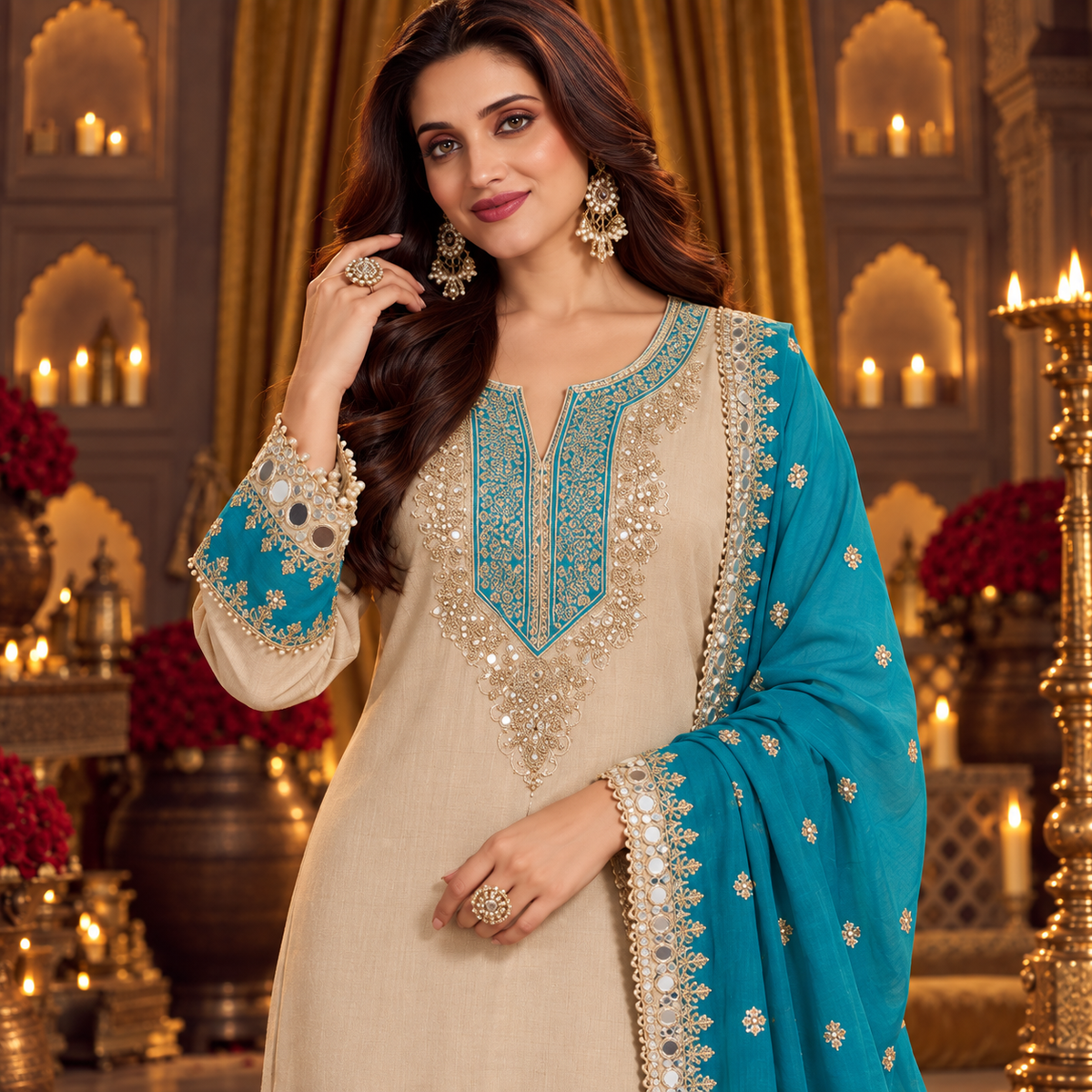 Cream With Blue Silver Embroidery With Contrast Dupatta Suit