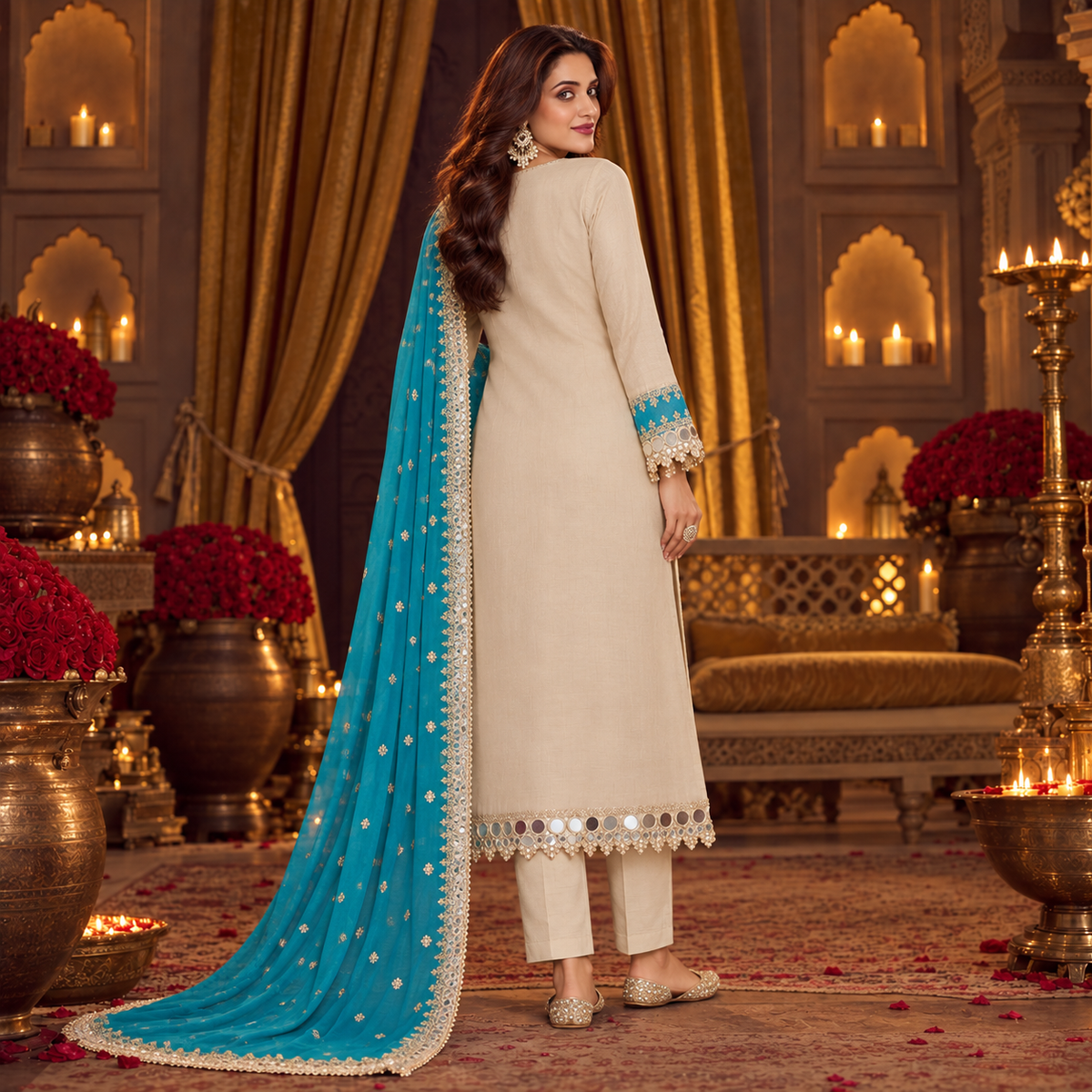 Cream With Blue Silver Embroidery With Contrast Dupatta Suit