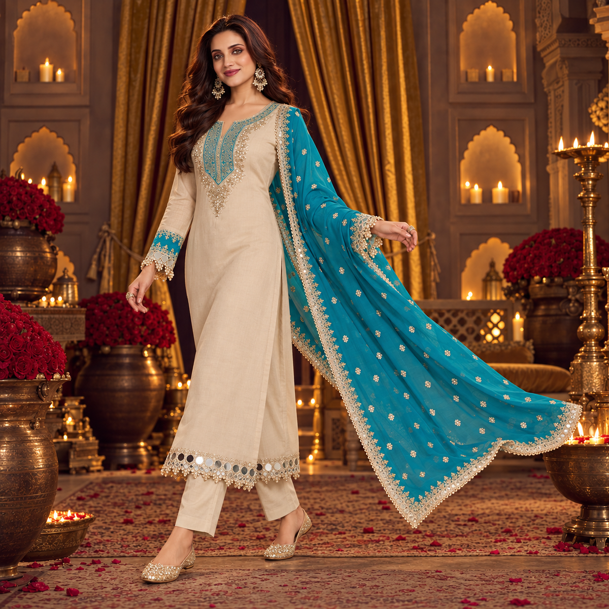 Cream With Blue Silver Embroidery With Contrast Dupatta Suit