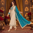 Cream With Blue Silver Embroidery With Contrast Dupatta Suit