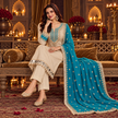 Cream With Blue Silver Embroidery With Contrast Dupatta Suit