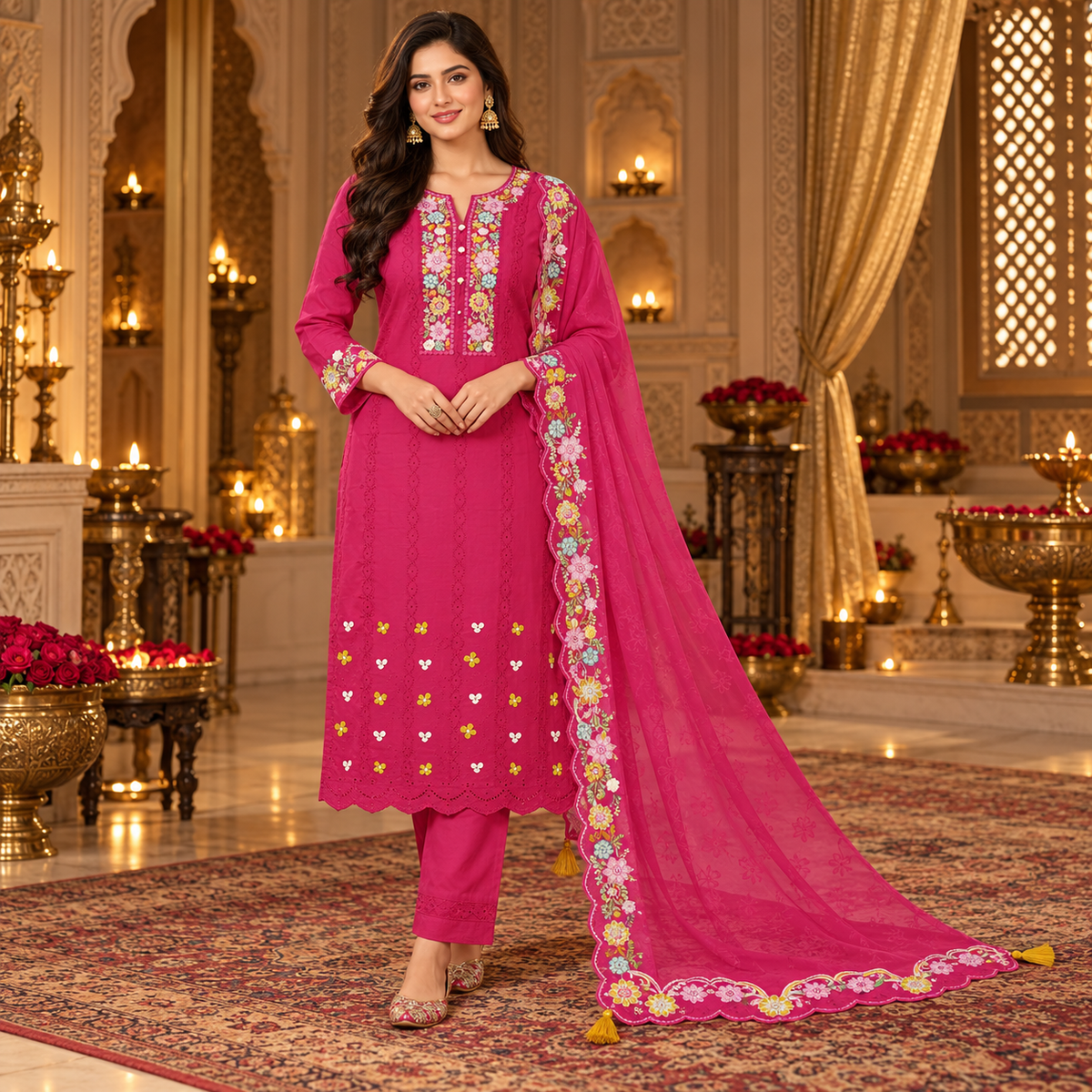Majenta Pink Embroidered Dupatta Suit