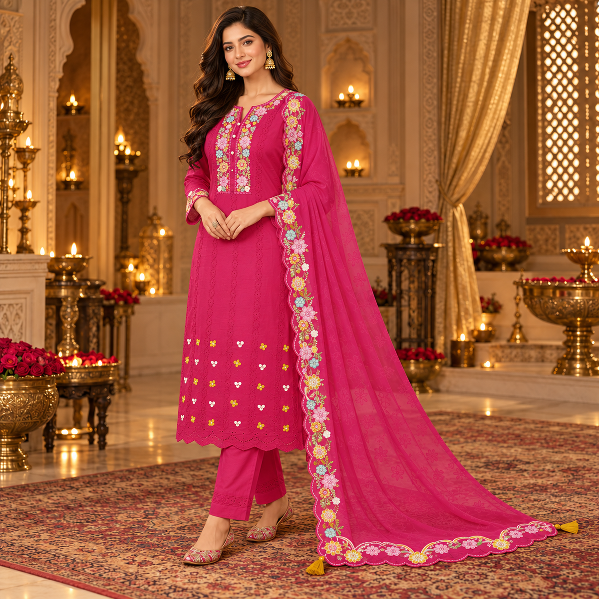 Majenta Pink Embroidered Dupatta Suit