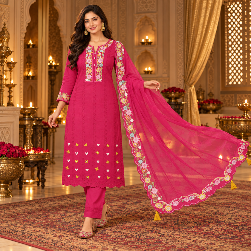 Majenta Pink Embroidered Dupatta Suit