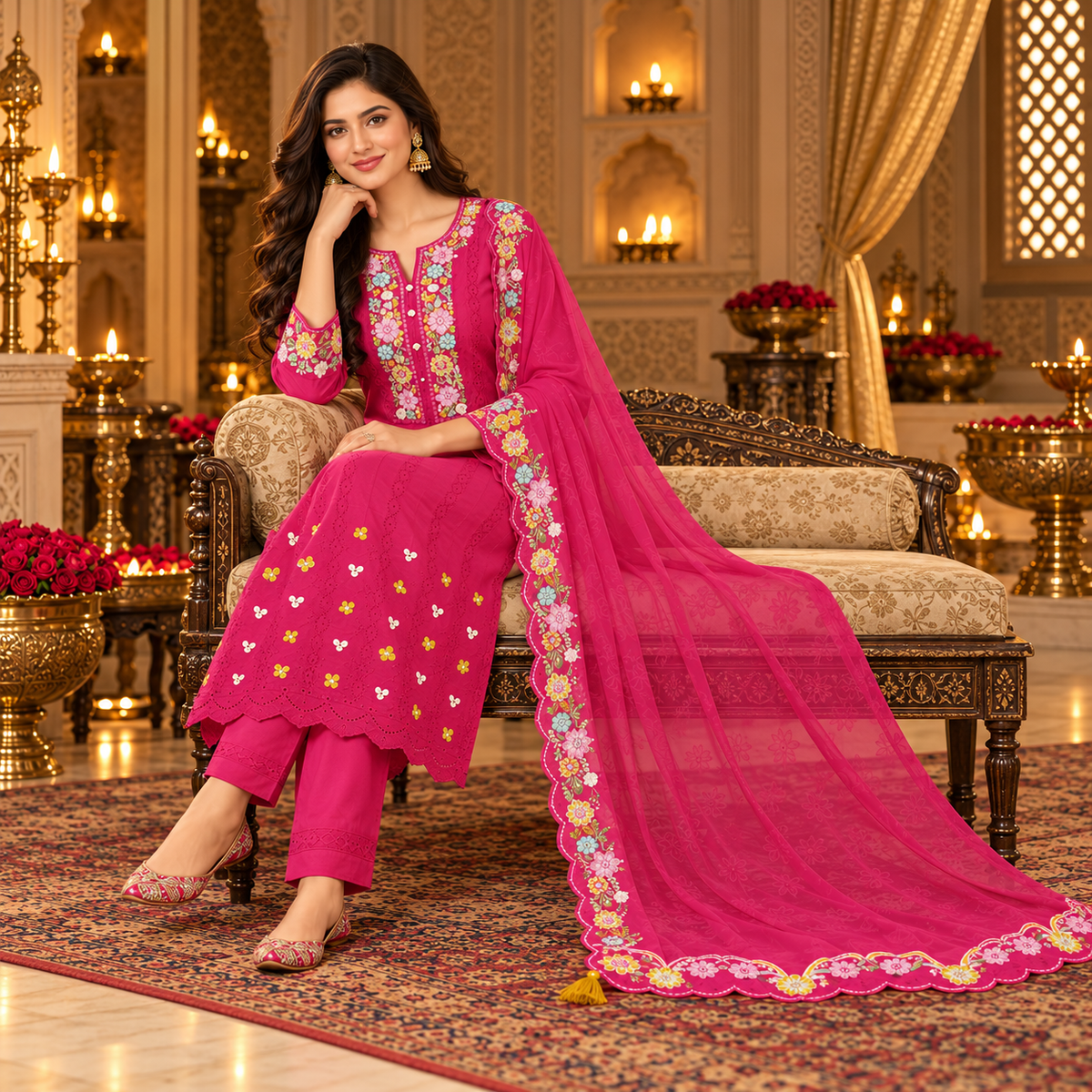 Majenta Pink Embroidered Dupatta Suit