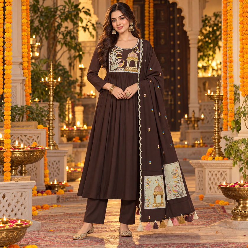 Brown / Coffee Yoke Embroidery Designer Dupatta Suit