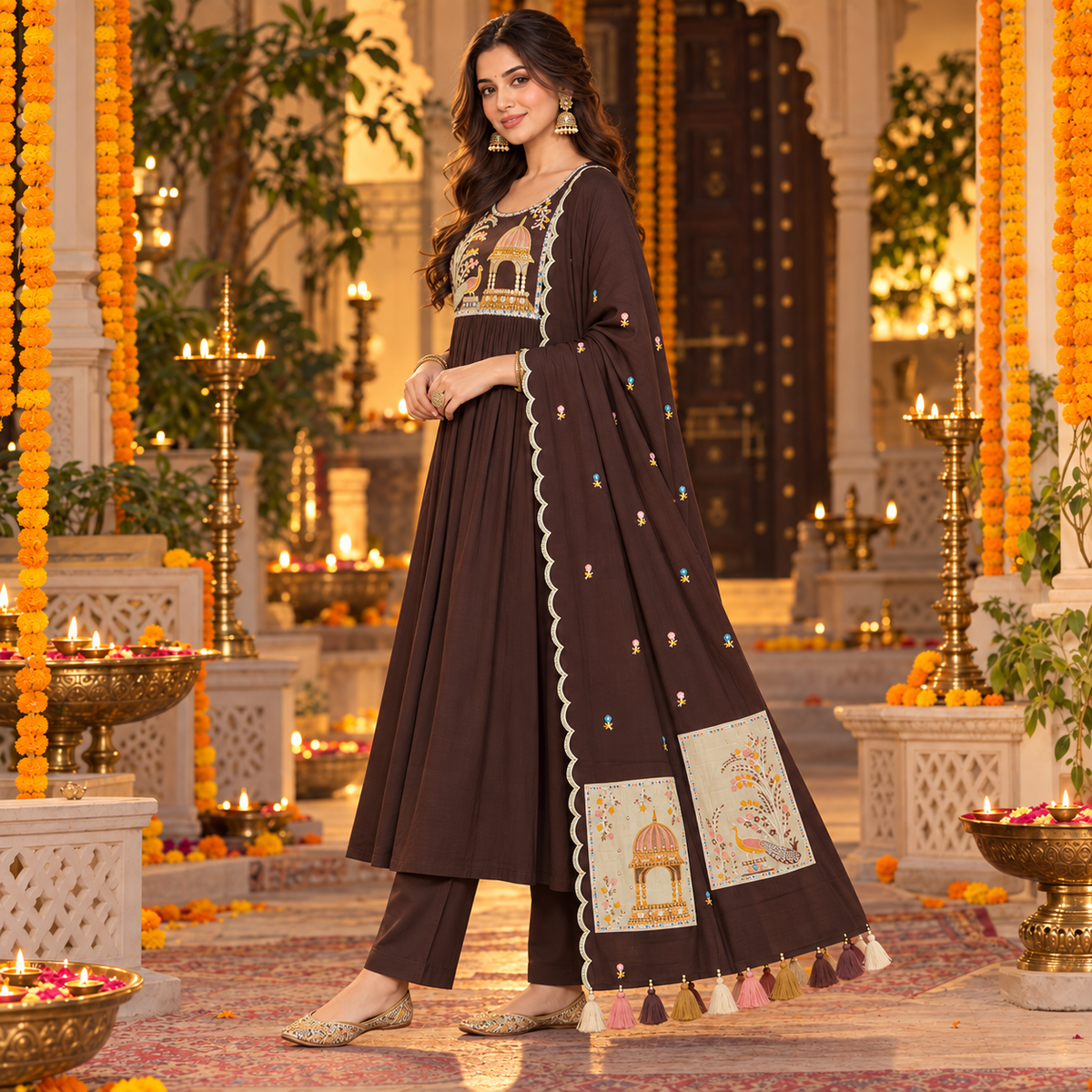 Brown / Coffee Yoke Embroidery Designer Dupatta Suit