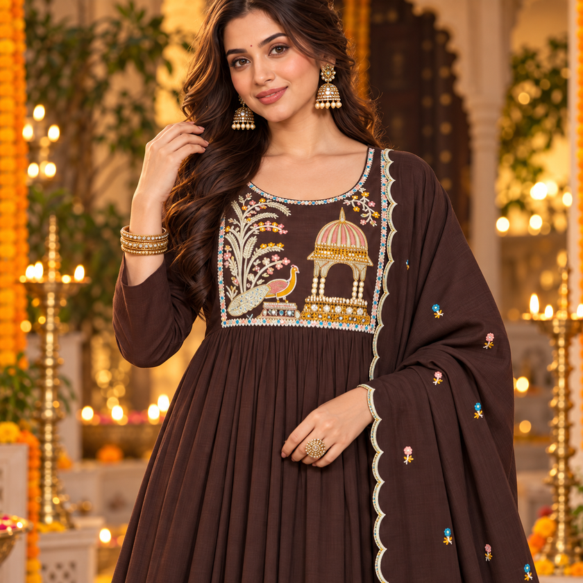 Brown / Coffee Yoke Embroidery Designer Dupatta Suit