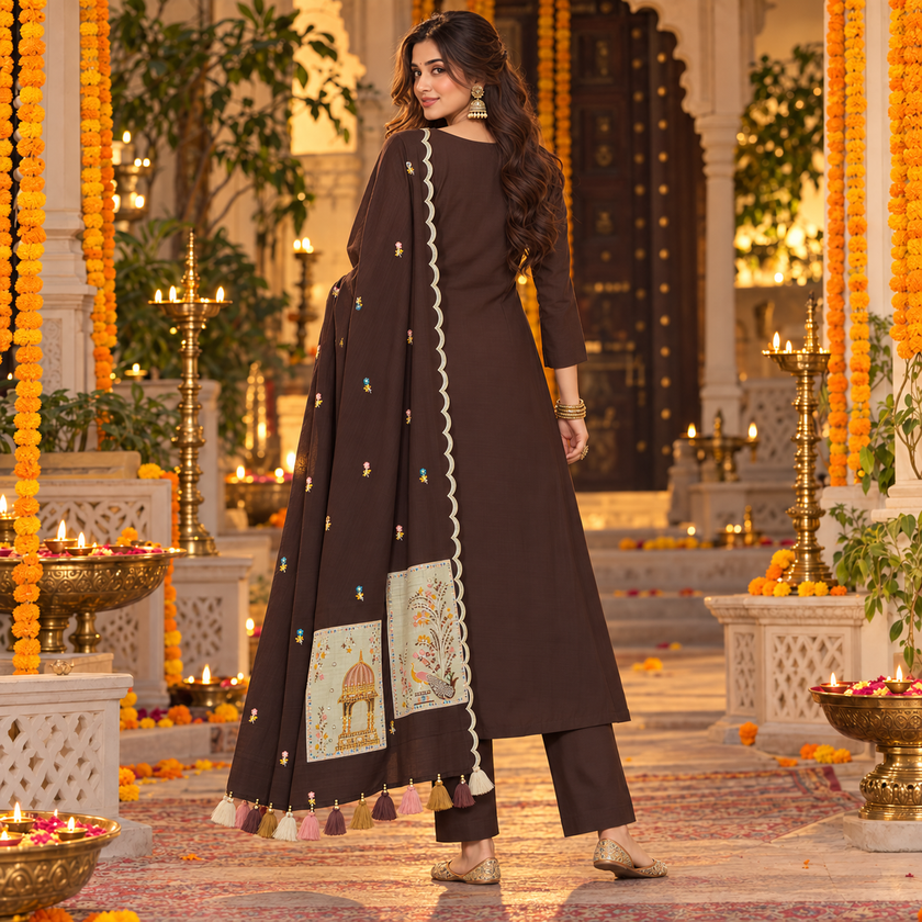 Brown / Coffee Yoke Embroidery Designer Dupatta Suit