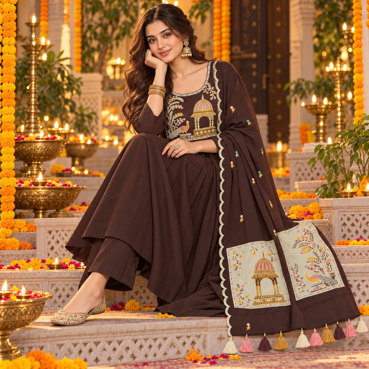 Brown / Coffee Yoke Embroidery Designer Dupatta Suit