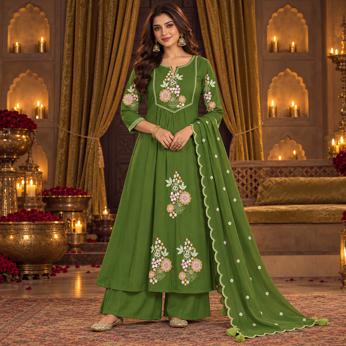 Mehndi Green Floral Embroidered A-Line Dupatta Suit