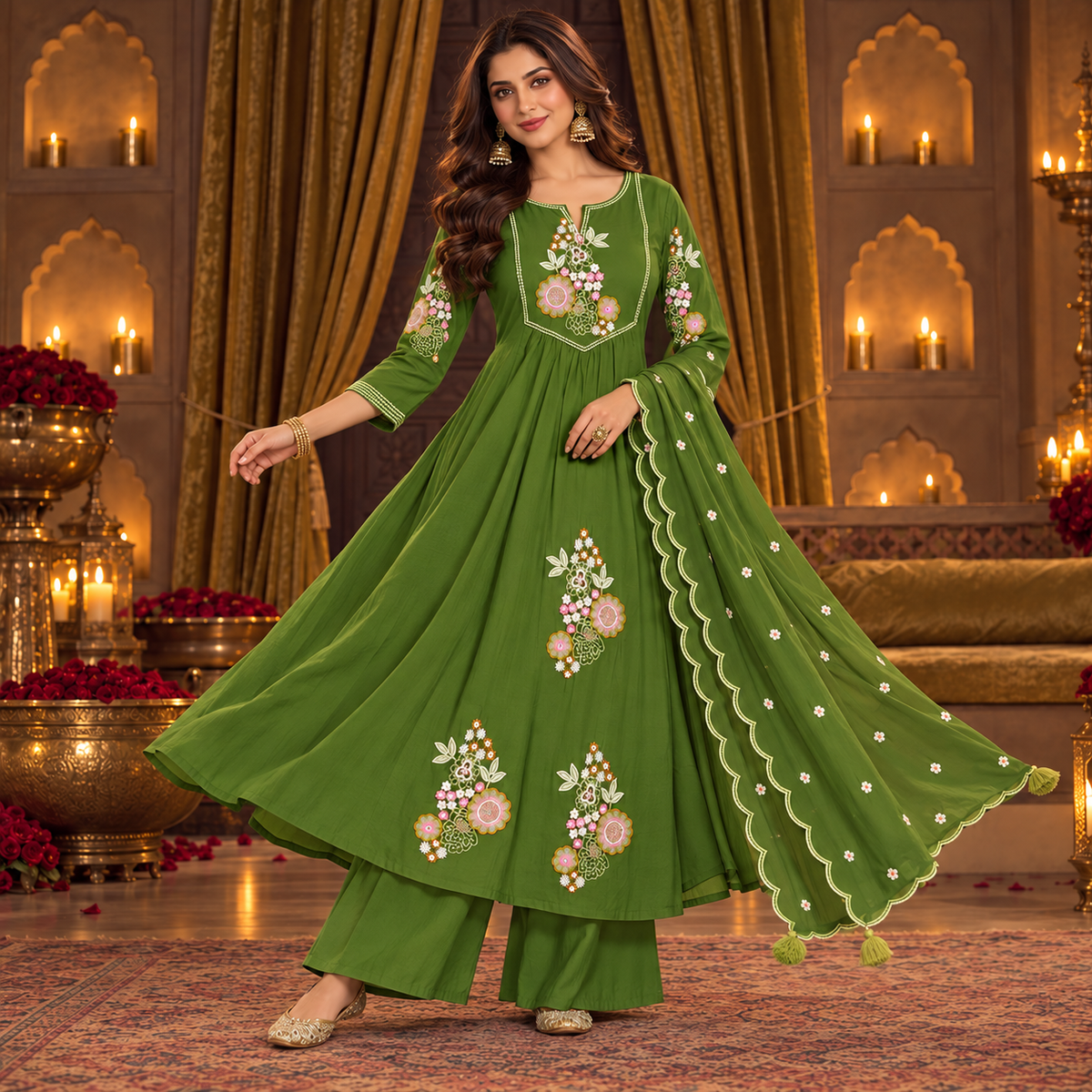 Mehndi Green Floral Embroidered A-Line Dupatta Suit