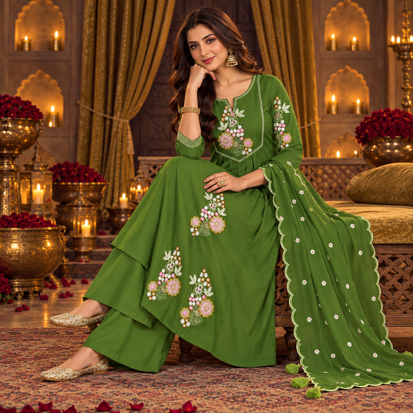Mehndi Green Floral Embroidered A-Line Dupatta Suit