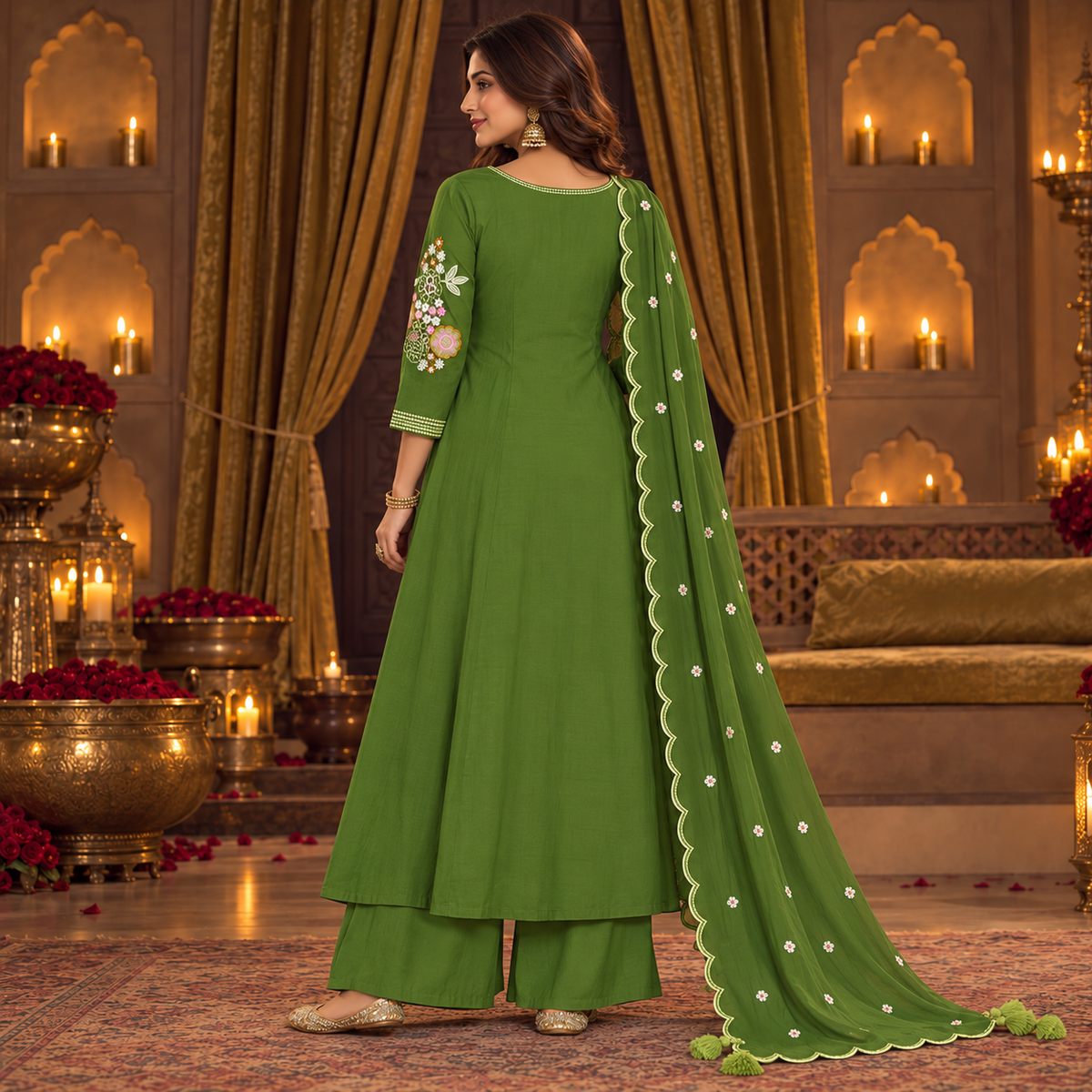 Mehndi Green Floral Embroidered A-Line Dupatta Suit