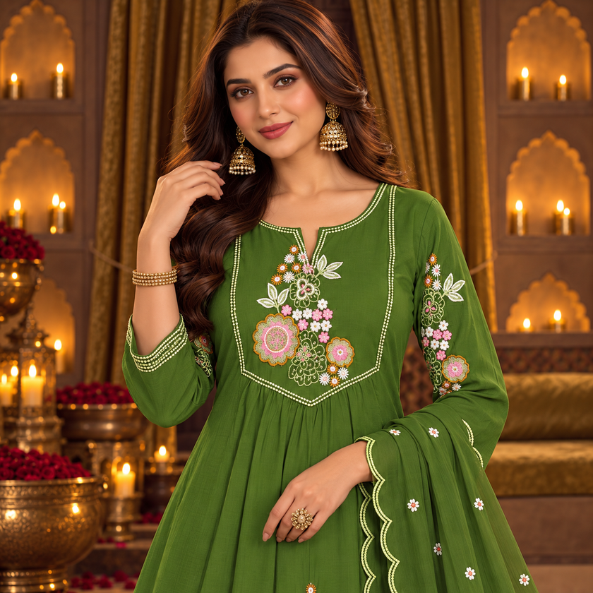 Mehndi Green Floral Embroidered A-Line Dupatta Suit