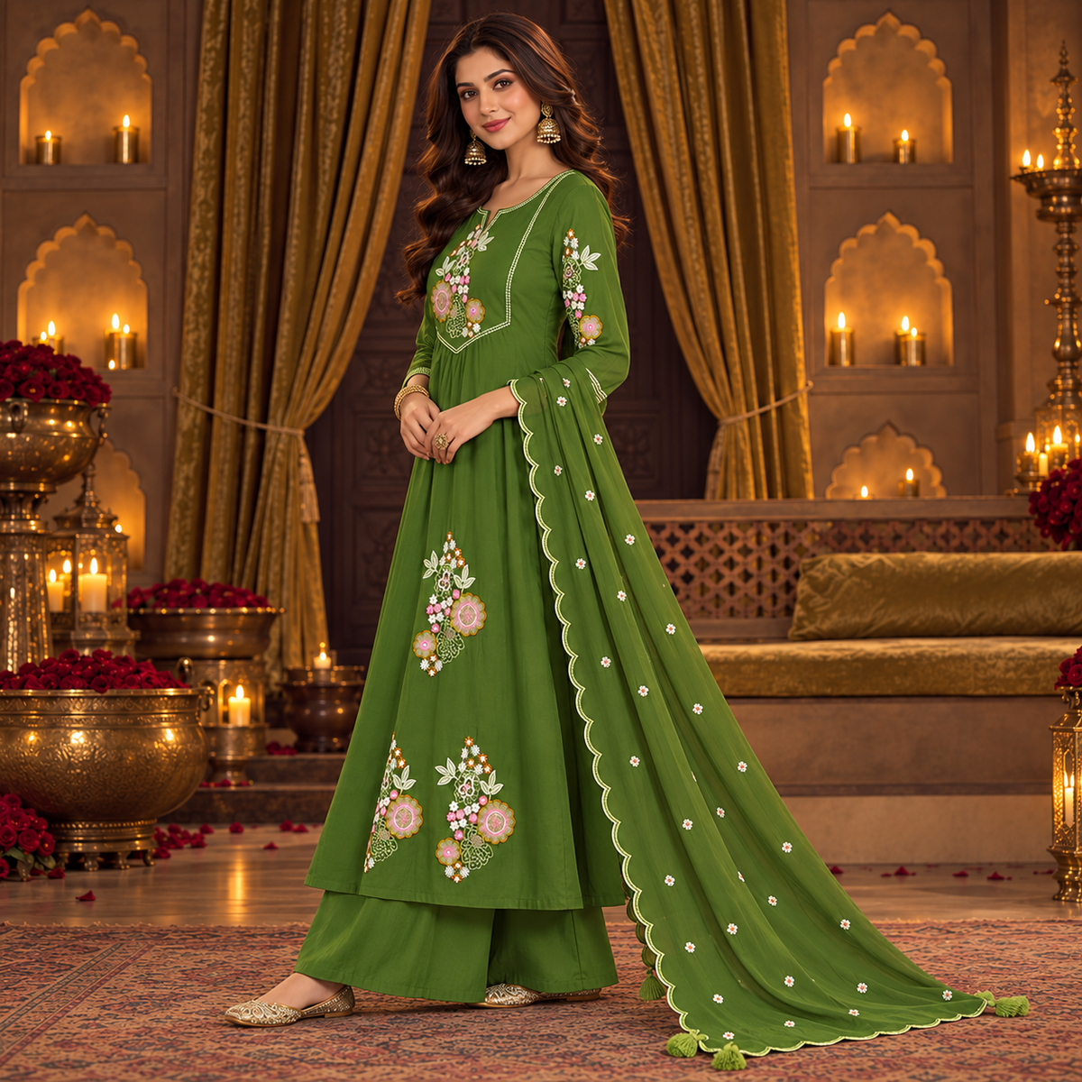 Mehndi Green Floral Embroidered A-Line Dupatta Suit