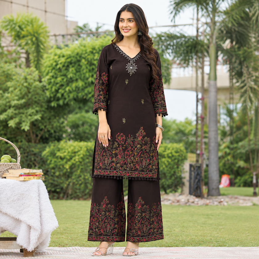 Dark Coffee Mirror Work Printed Kurta Set
