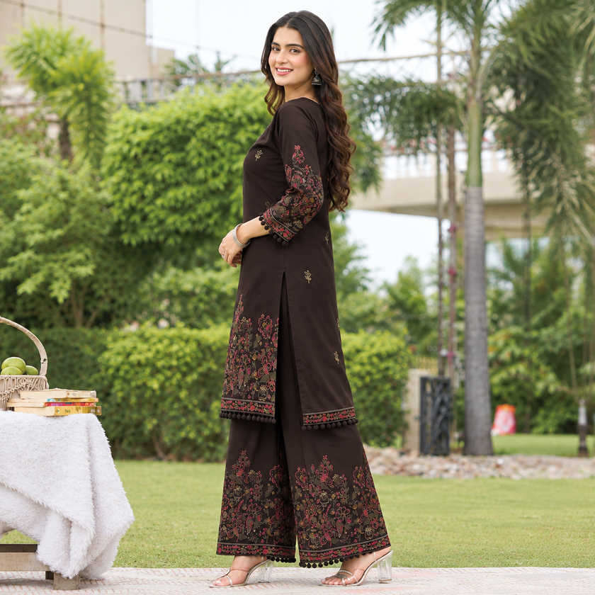 Dark Coffee Mirror Work Printed Kurta Set