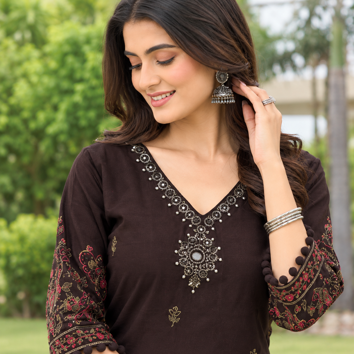 Dark Coffee Mirror Work Printed Kurta Set