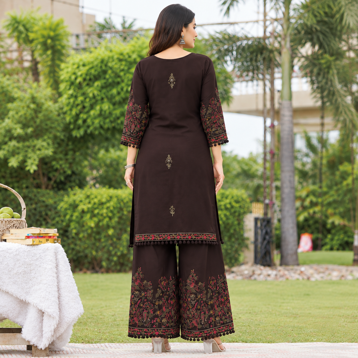 Dark Coffee Mirror Work Printed Kurta Set