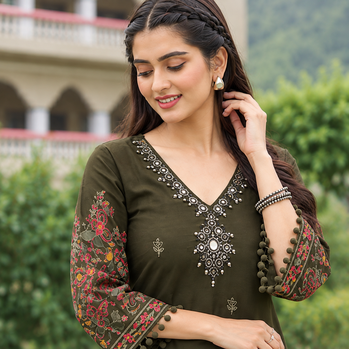 Mehndi Green Mirror Work Printed Kurta Set