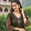 Mehndi Green Mirror Work Printed Kurta Set