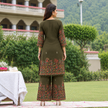 Mehndi Green Mirror Work Printed Kurta Set