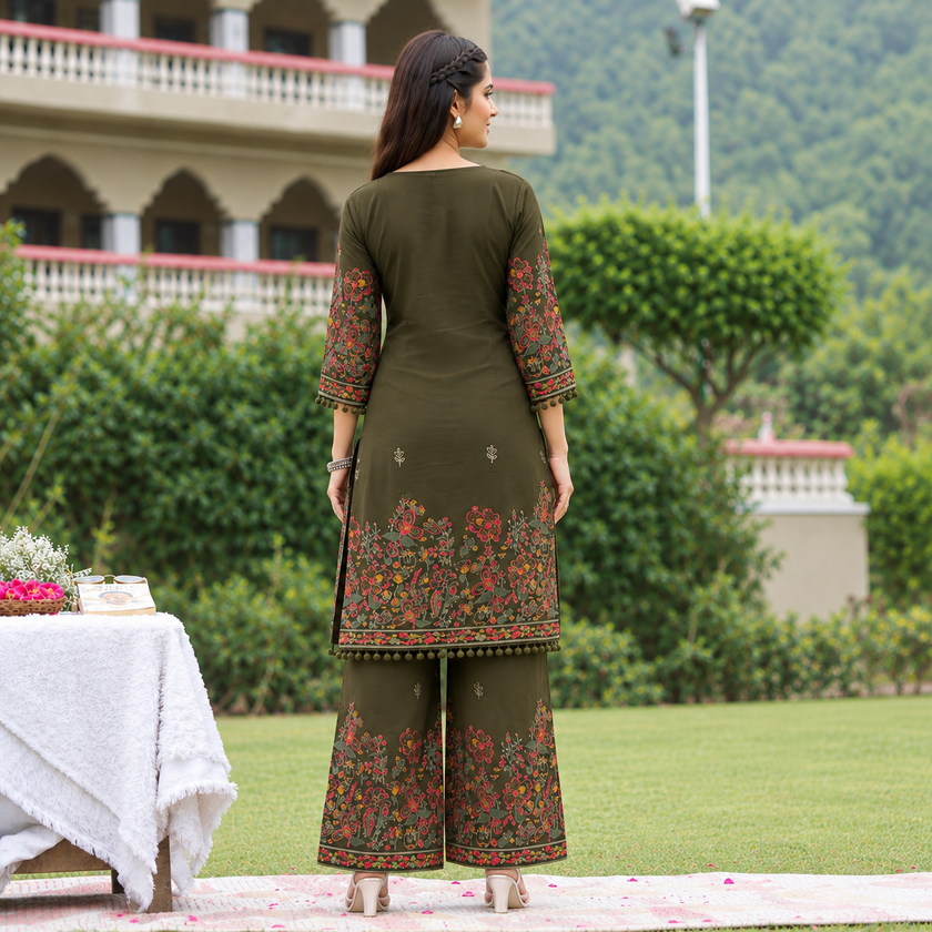 Mehndi Green Mirror Work Printed Kurta Set