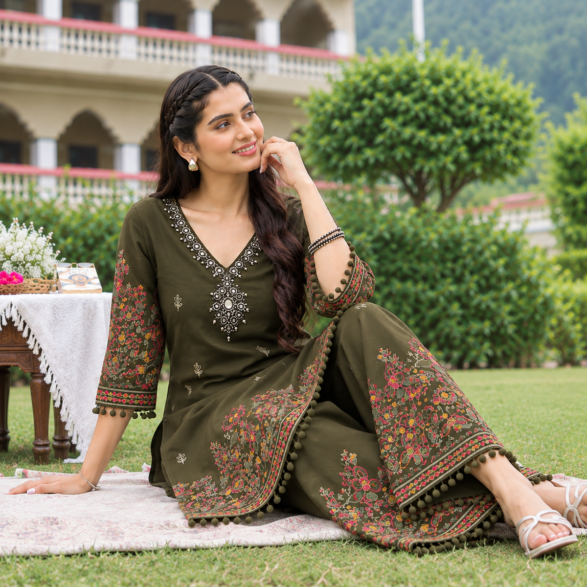 Mehndi Green Mirror Work Printed Kurta Set