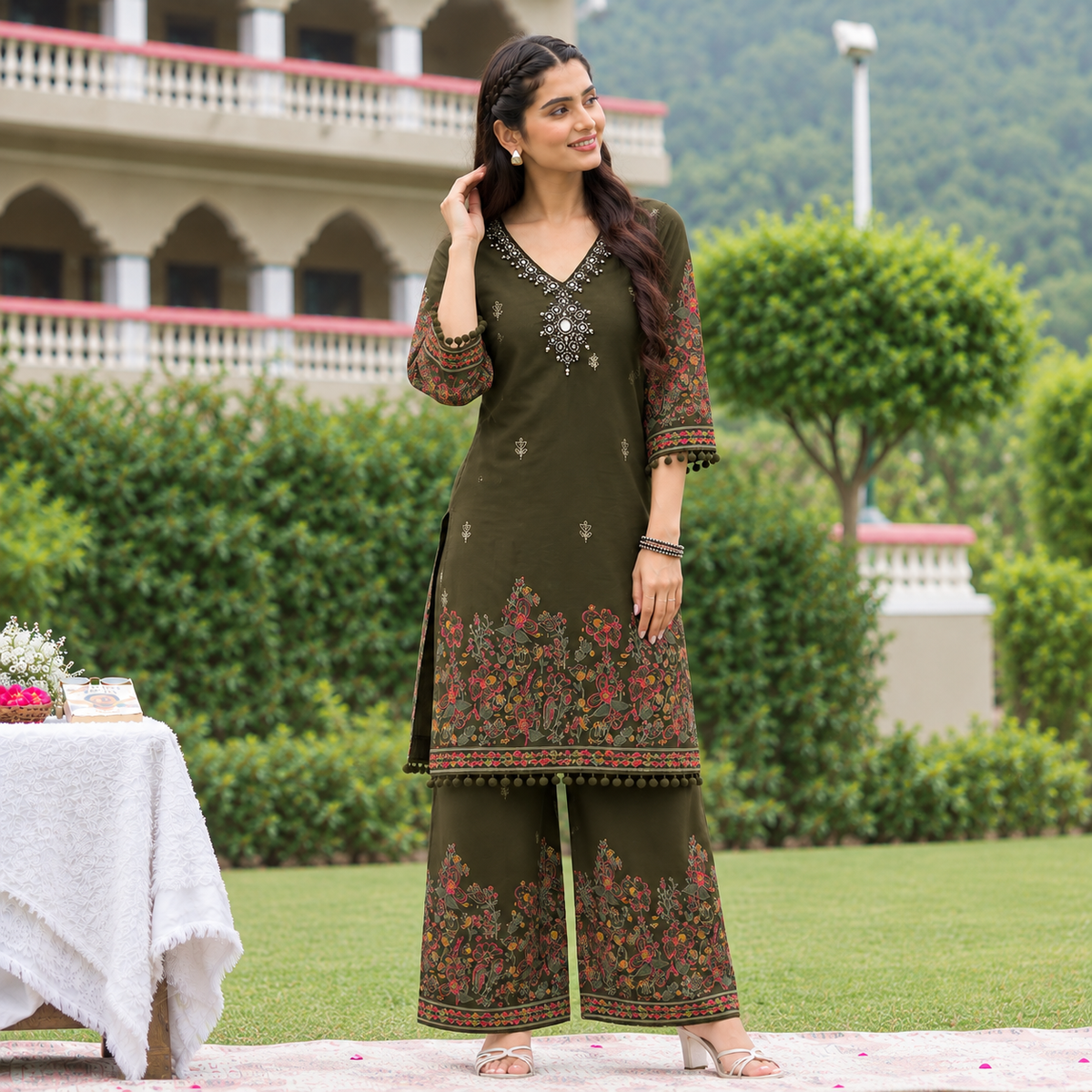 Mehndi Green Mirror Work Printed Kurta Set