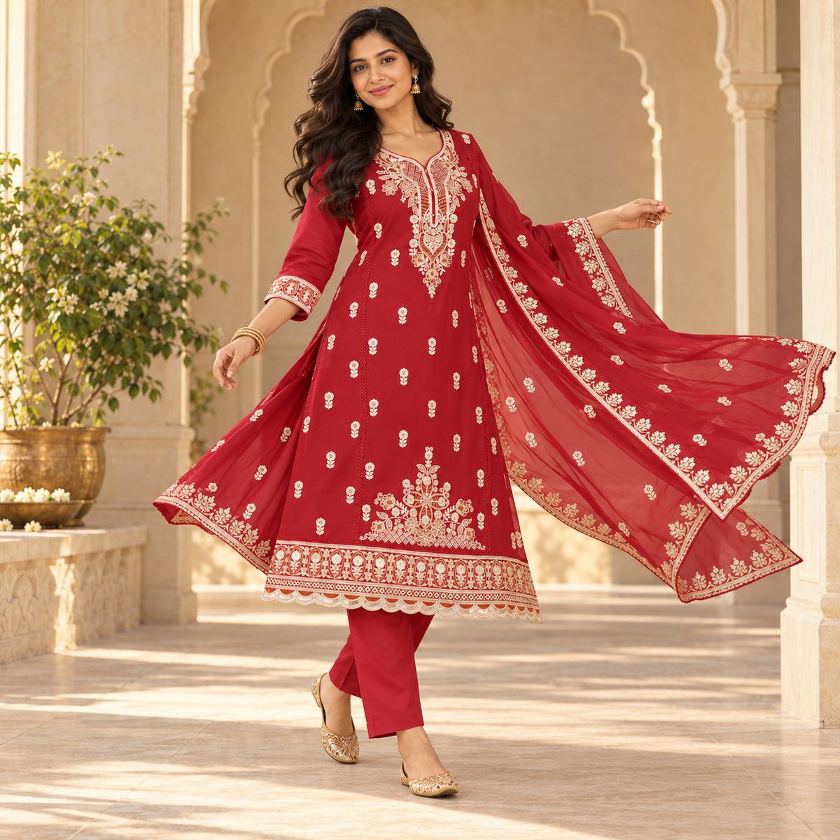 Red Heavy Embroidered Dupatta Suit
