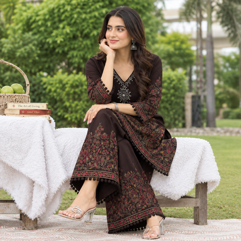 Dark Coffee Mirror Work Printed Kurta Set