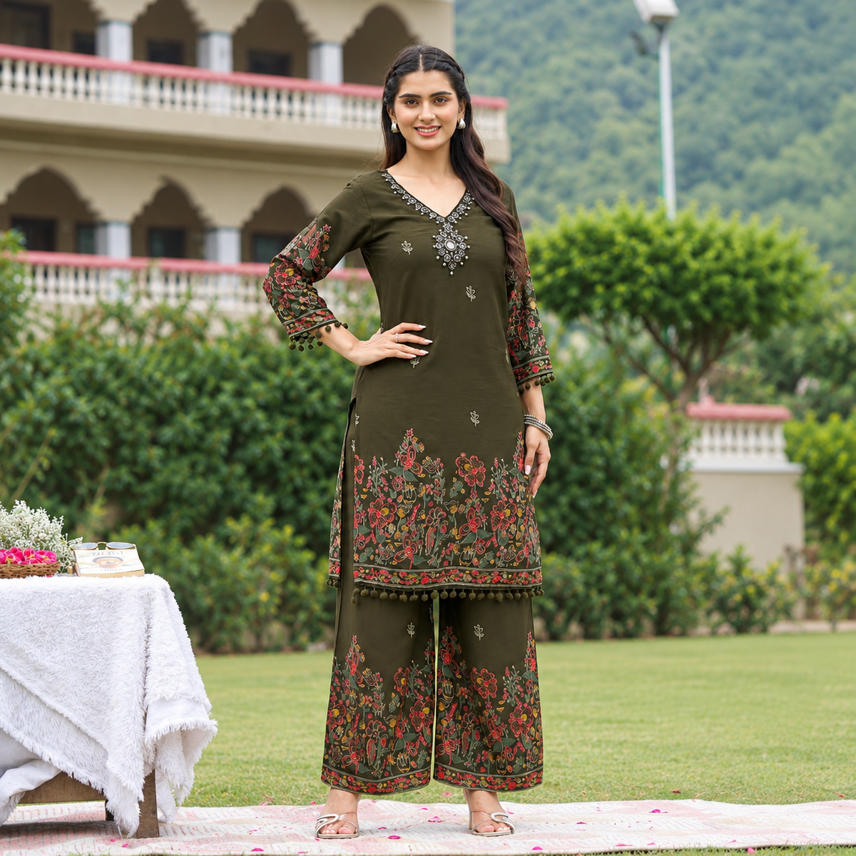 Mehndi Green Mirror Work Printed Kurta Set