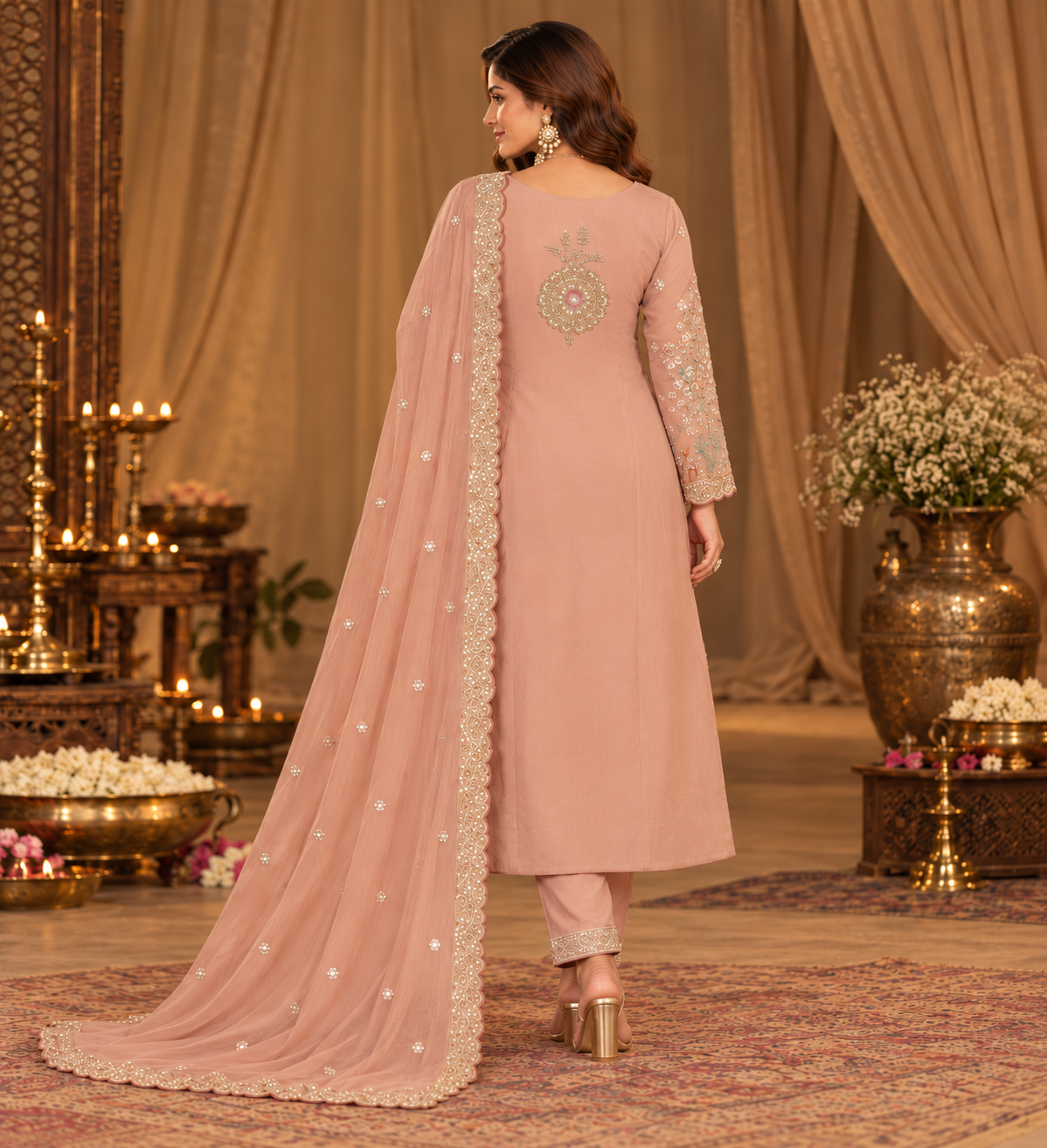 Peach hand embroidered A-line dupatta suit