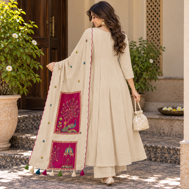Ivory Peacock A-Line Dupatta Suit